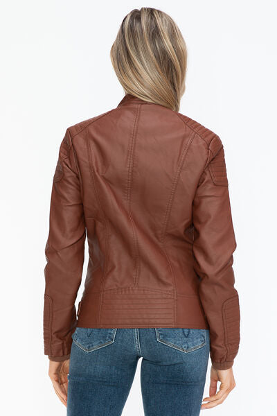 Snobbish Faux Leather Biker Jacket with Side Zip Pockets - Drazelle Store