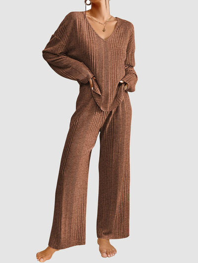 V-Neck Long Sleeve Top and Pants Set - Drazelle Store