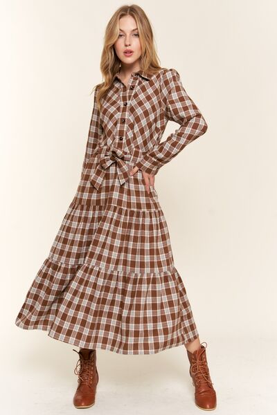 Plaid Tiered Midi Shirt Dress - Drazelle Store