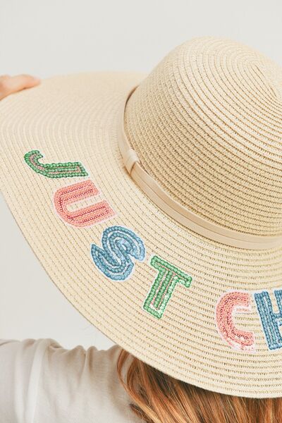 Fame Sequin Letter Graphic Wide Brim Straw Hat - Drazelle Store