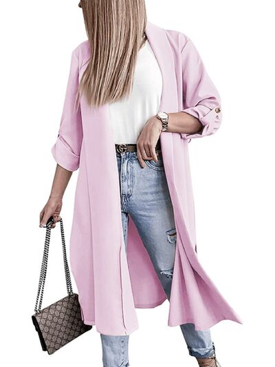 Slit Open Front Roll-Tab Sleeve Trench Coat - Drazelle Store