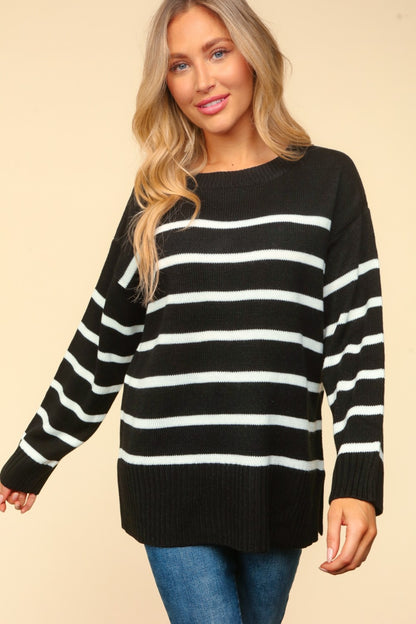 Haptics Full Size Striped Contrast Side Slit Sweater - Drazelle Store