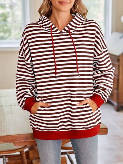 Lovelet Drawstring Striped Long Sleeve Hoodie - Drazelle Store