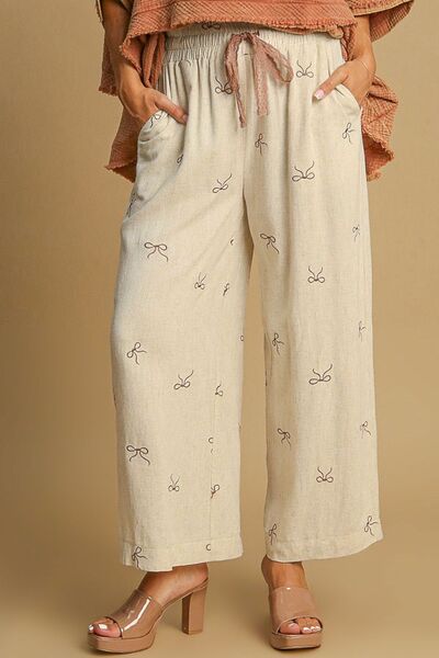 Umgee Full Size Lace Drawstring Embroidered Bow Wide Leg Pants - Drazelle Store