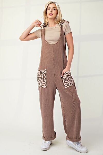 Celeste Full Size Ribbed Leopard Tied Shoulder Overalls - Drazelle Store