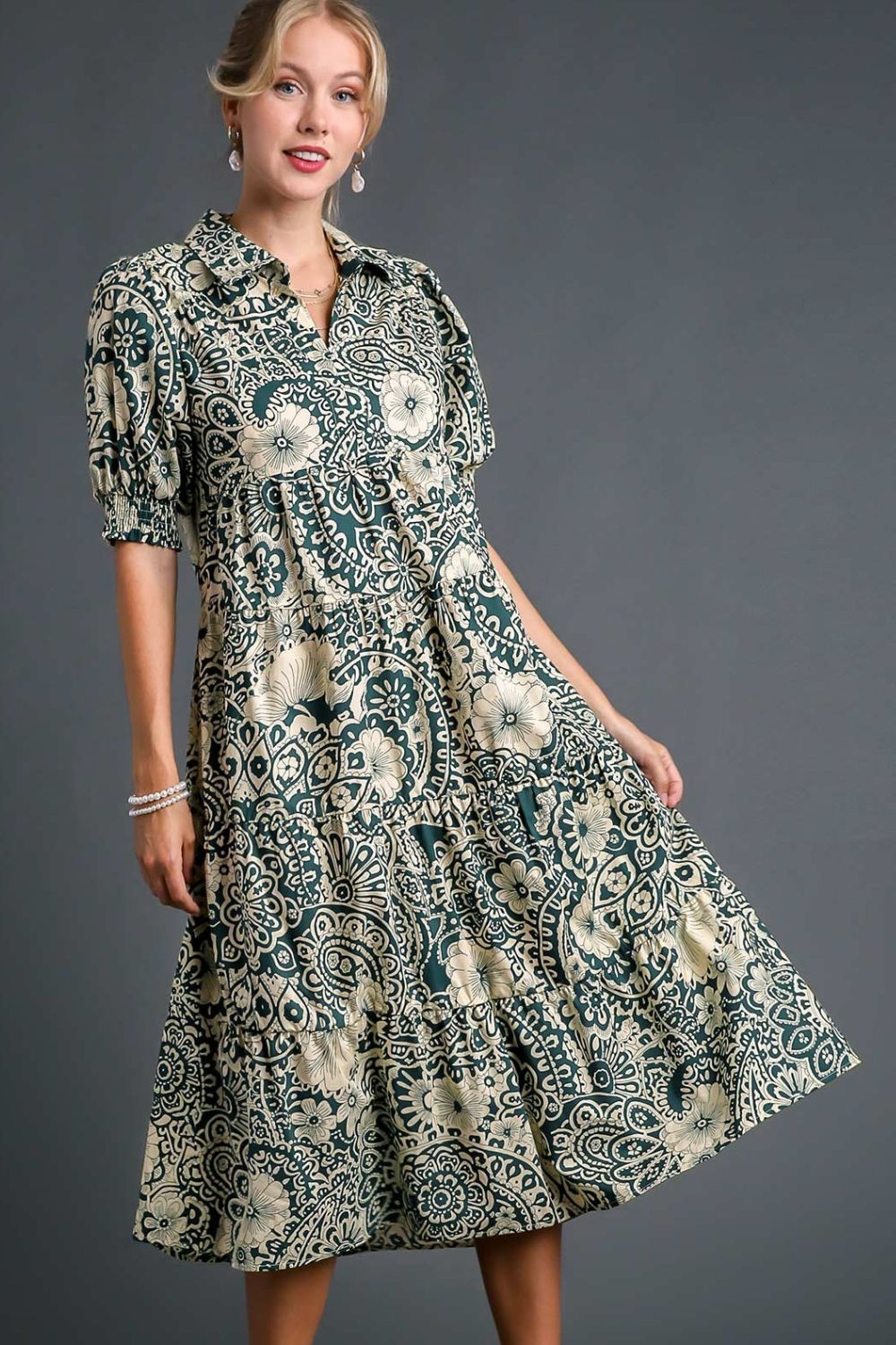 Printed Smocked Cuff Puff Sleeve Midi Dress - Drazelle Store