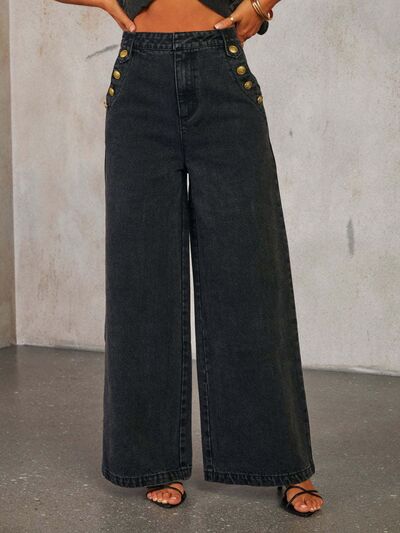 Button Decor High Rise Wide Leg Jeans  - Drazelle Store