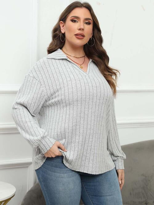 Plus Size Ribbed Collared Neck Long Sleeve Blouse - Drazelle Store