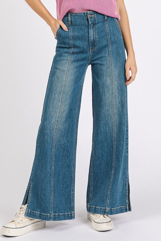 Wash Seam Detail Wide Leg Denim Jeans - Drazelle Store