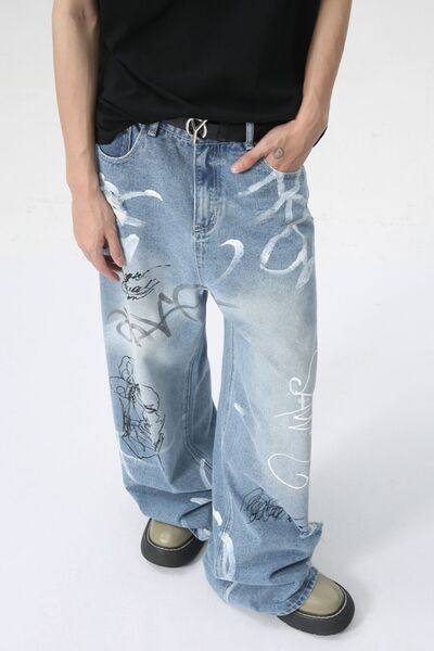 Mid Rise Graffiti Print Distressed Wide Leg Jeans - Drazelle Store