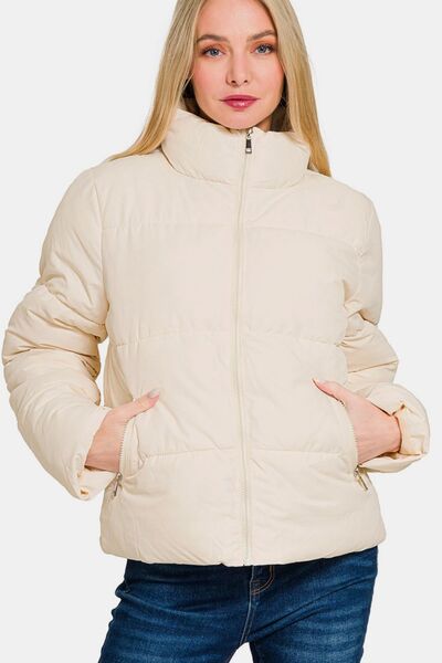 Zenana Zip Up Turtleneck Puffer Jacket with Pockets - Drazelle Store