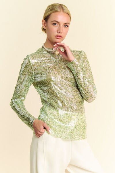 Davi & Dani Sequin Mock Neck Long Sleeve Mesh Top - Drazelle Store