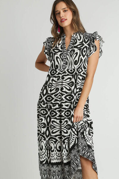 Two Tone Border Print Ruffle Cap Sleeve Midi Dress - Drazelle Store