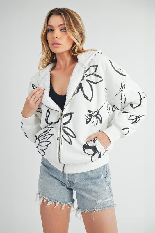 Flower Print Zip Up Sherpa Hoodie - Drazelle Store