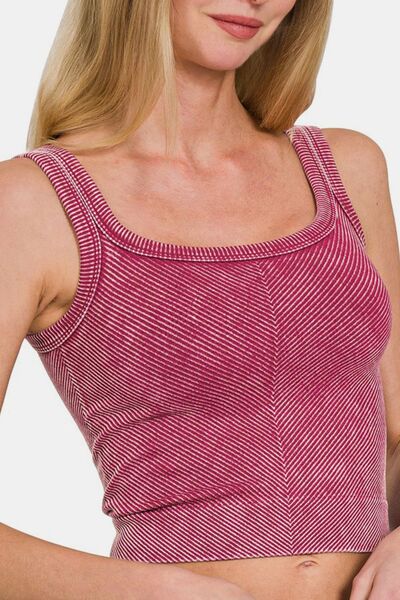 Zenana Washed Ribbed Scoop Neck Wide Strap Tank - Drazelle Store