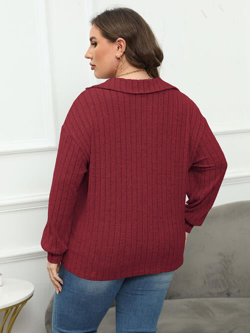 Plus Size Ribbed Collared Neck Long Sleeve Blouse - Drazelle Store