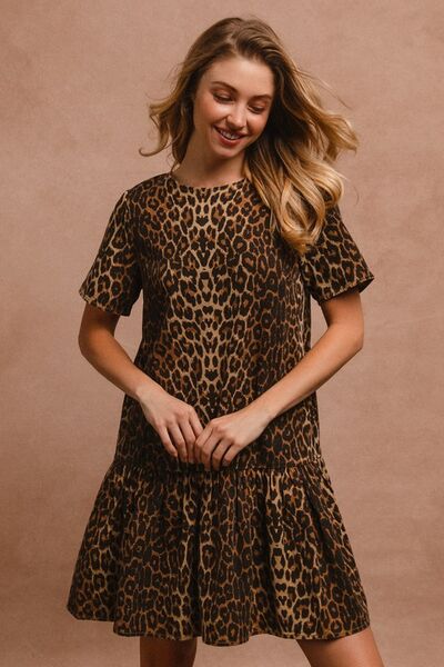 BiBi Tie Back Leopard Round Neck Short Sleeve Dress - Drazelle Store