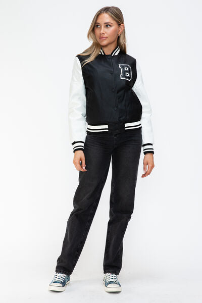 PU Leather Contrast Snap Down Bomber Jacket - Drazelle Store