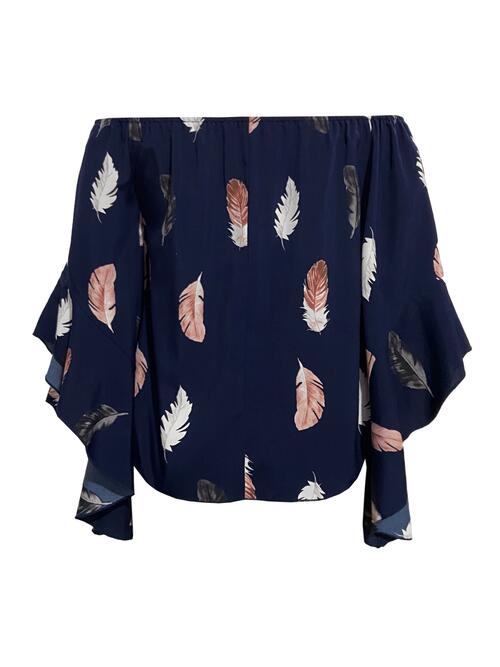 Feather Print Smocked Off-Shoulder Blouse - Drazelle Store