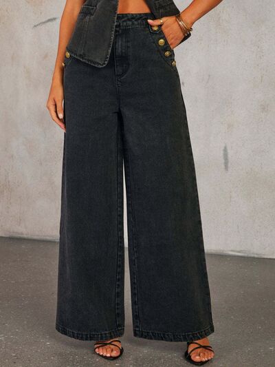 Button Decor High Rise Wide Leg Jeans  - Drazelle Store