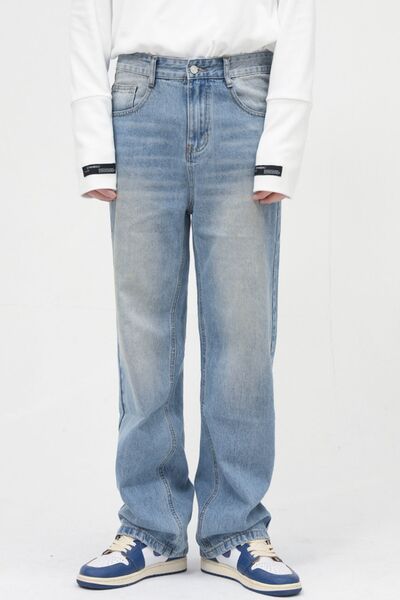 Washed Mid Rise Jeans with Pockets - Drazelle Store