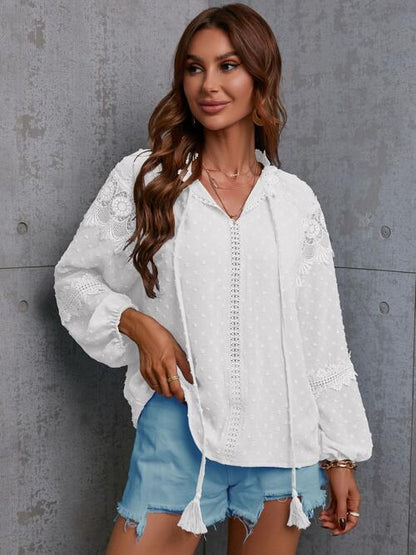 Crochet Tassel Tie Neck Long Sleeve Blouse - Drazelle Store