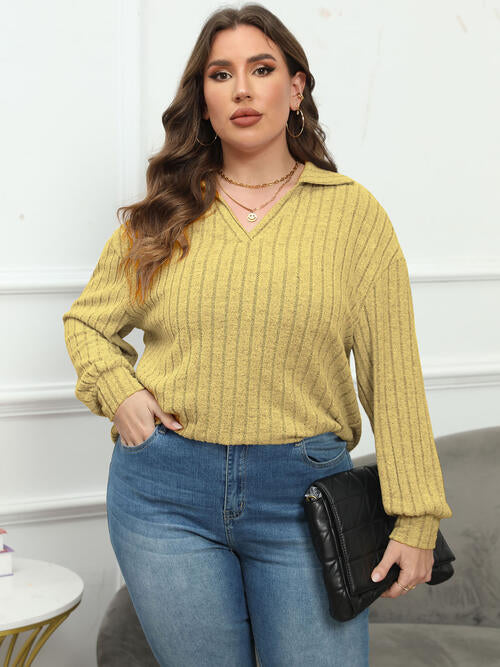 Plus Size Ribbed Collared Neck Long Sleeve Blouse - Drazelle Store