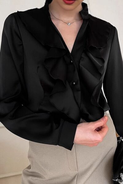 Ruffled Notched Long Sleeve Shirt - Drazelle Store