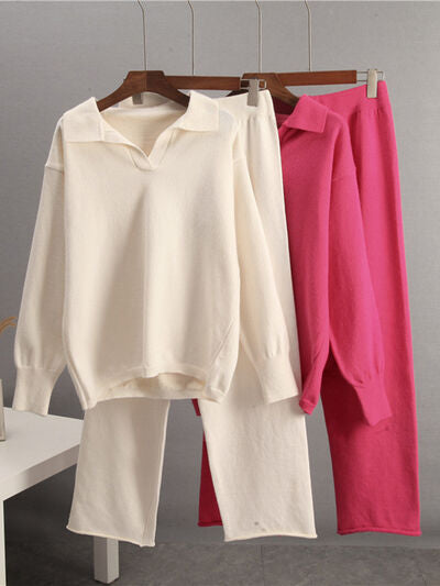 Johnny Collar Long Sleeve Top and Pants Sweater Set - Drazelle Store