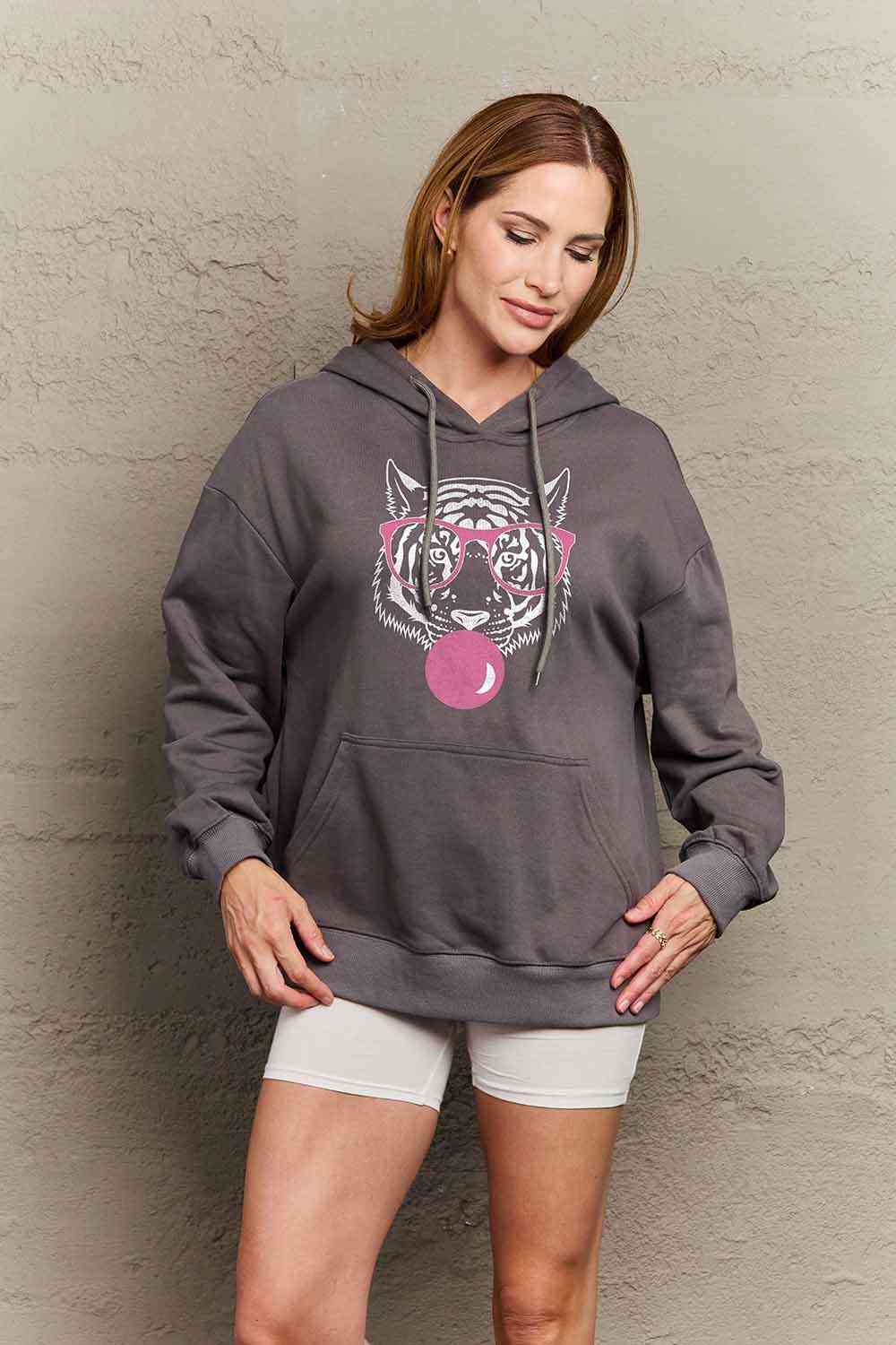 Simply Love Full Size Dropped Shoulder Tiger Graphic Hoodie - Drazelle Store