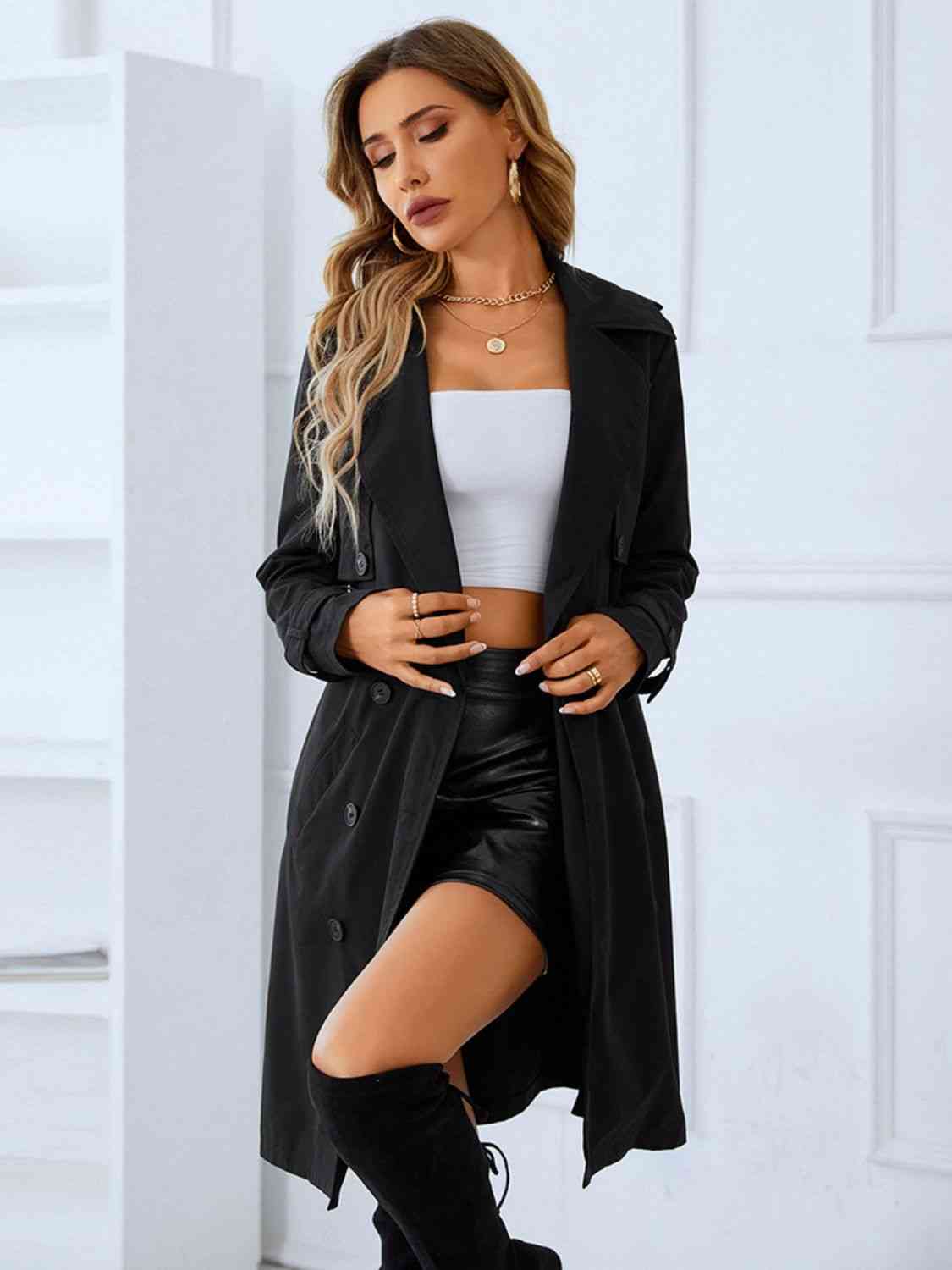 Lapel Collar Tie Belt Trench Coat - Drazelle Store