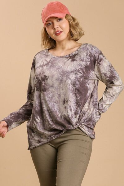 Umgee Full Size Tie Dye Front Gathered Detail Round Neck Long Sleeve T-Shirt Plus Size - Drazelle Store