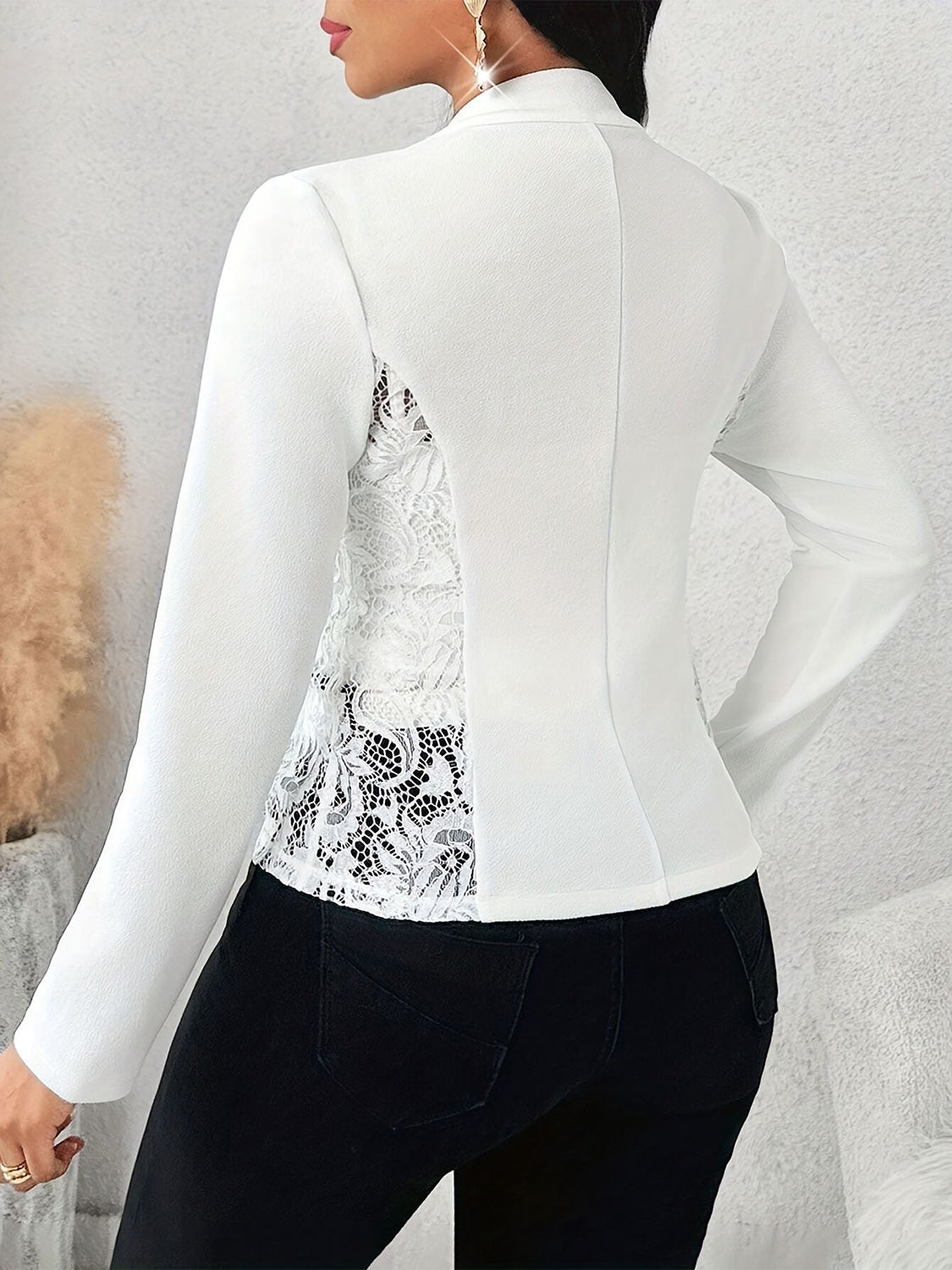 Lace Detail Open Front Long Sleeve Blazer - Drazelle Store