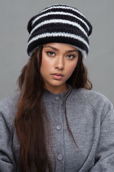 Fuzzy Contrast Striped Thermal Hat - Drazelle Store