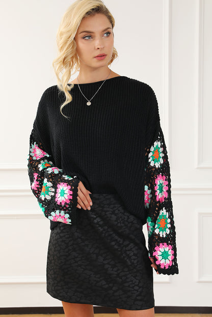 Crochet Round Neck Long Sleeve Knit Top - Drazelle Store