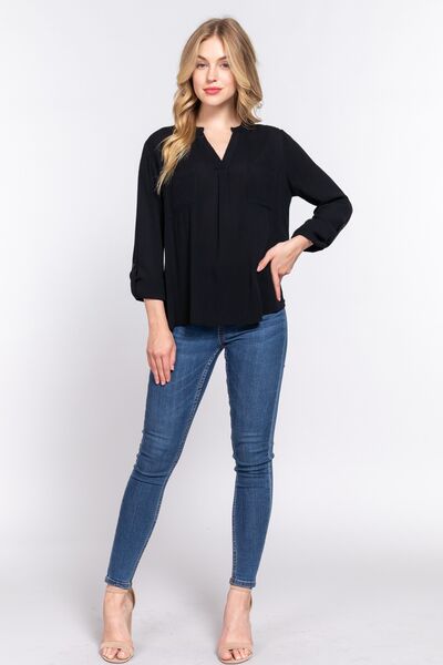 ACTIVE BASIC Notched Long Sleeve Woven Top - Drazelle Store