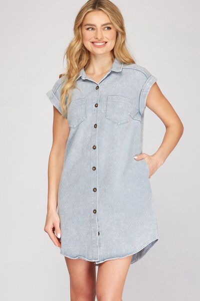 She + Sky Full Size Folded Cuff Button Down Washed Twill Shirt Dress Plus Size - Drazelle Store