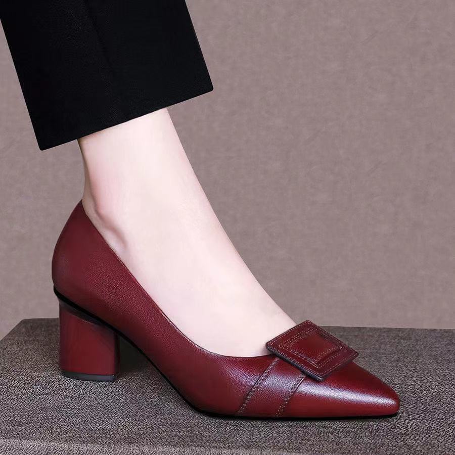 Genuine Leather Thick Heel Mid-heel Pointed Toe Women's Pumps - Drazelle Store