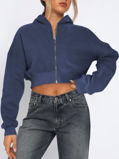 Zip Up Long Sleeve Hooded Cropped Jacket - Drazelle Store