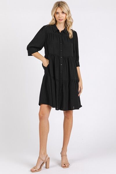 Mittoshop Button Detail Collared Neck Tiered Shirt Dress - Drazelle Store