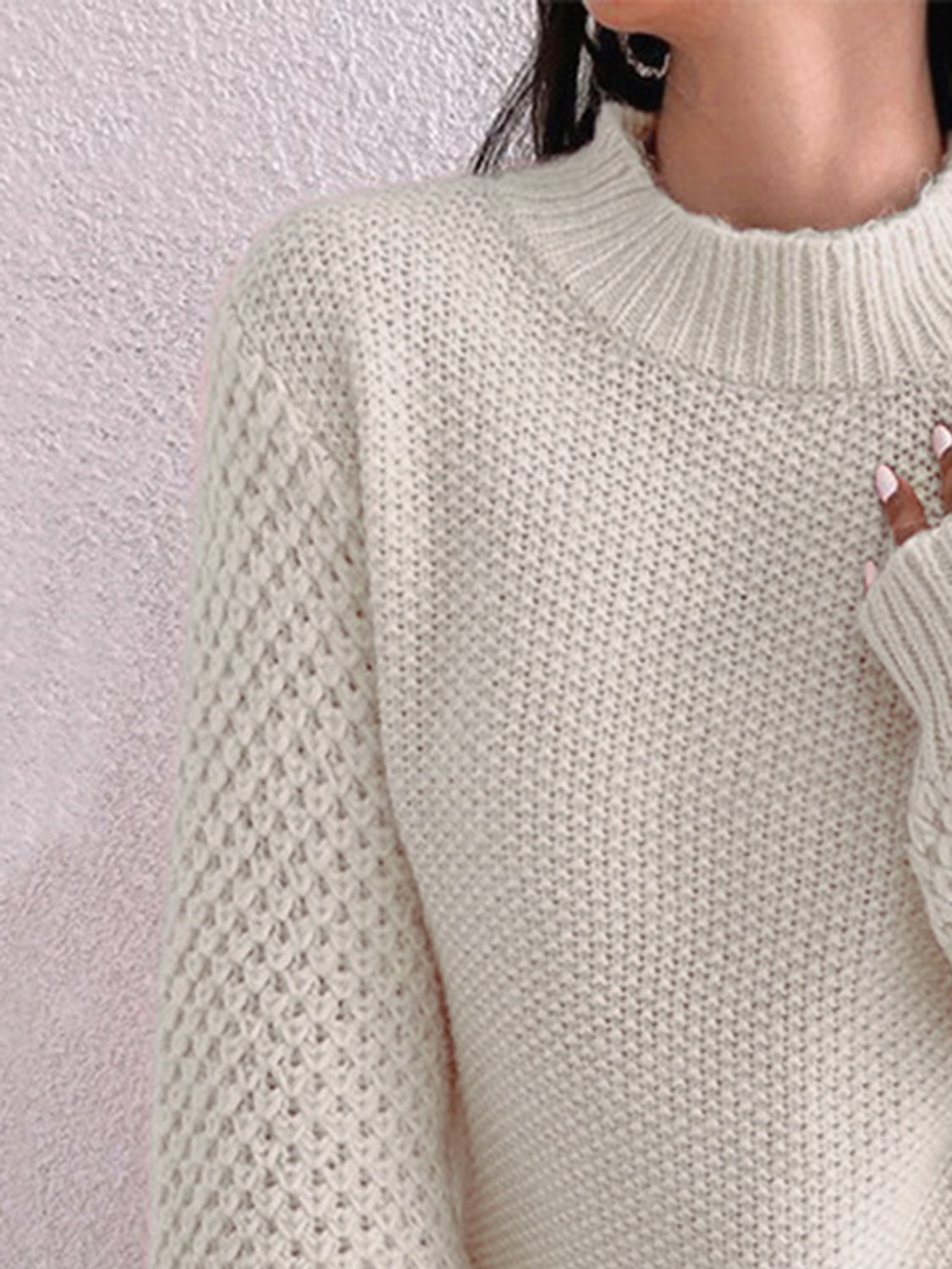 Openwork Mock Neck Long Sleeve Sweater - Drazelle Store