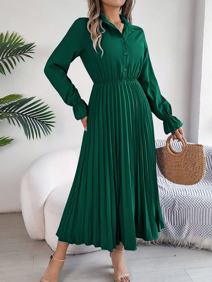 Pleated Half Button Long Sleeve Midi Dress - Drazelle Store