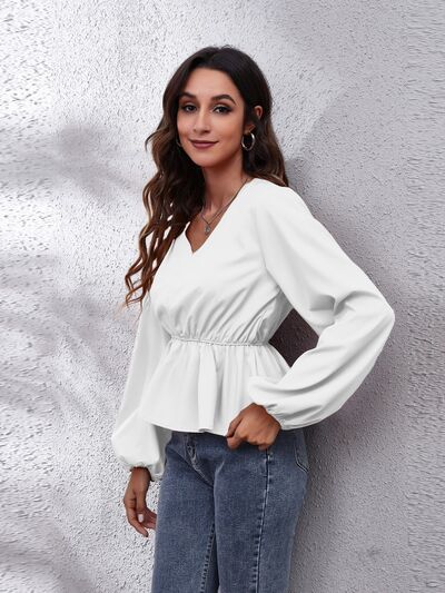 V-Neck Balloon Sleeve Peplum Blouse - Drazelle Store