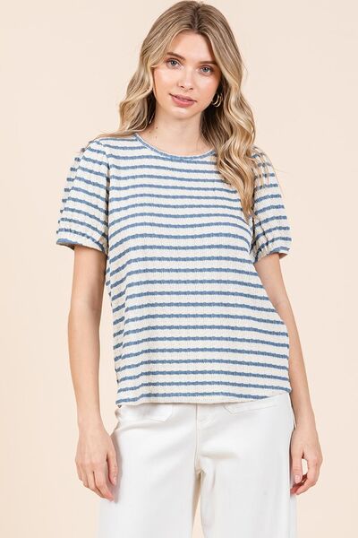 Mittoshop Contrast Striped Short Puff Sleeve Knit Top - Drazelle Store