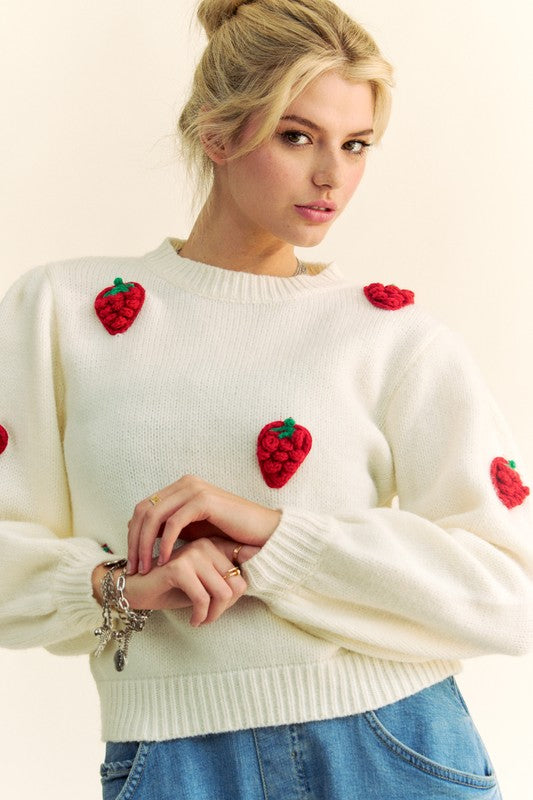 Davi & Dani Crochet Strawberry Round Neck Sweater - Drazelle Store