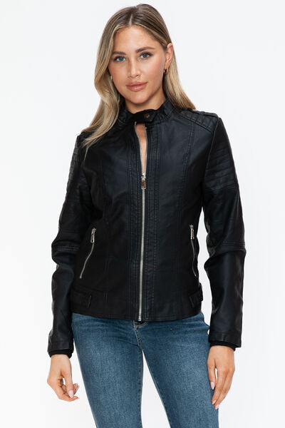 Snobbish PU Leather Biker Jacket with Side Zip Pockets - Drazelle Store