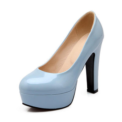 Leather High Heels Pumps Round Toe Thick Heel - Drazelle Store