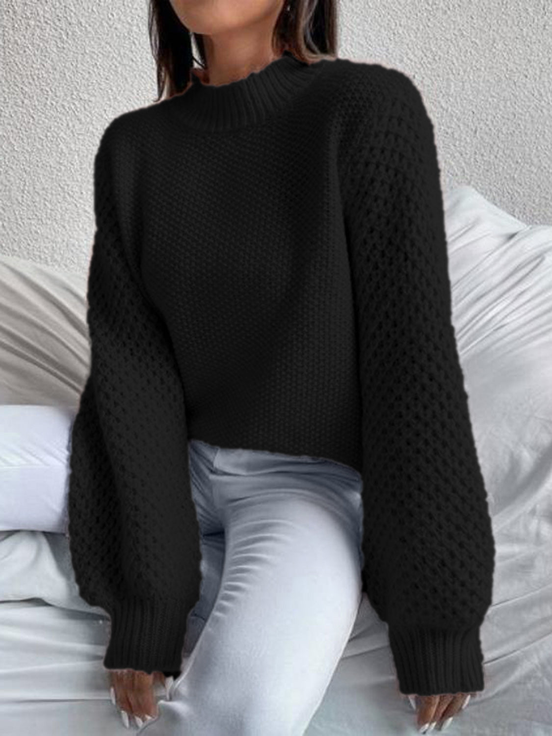 Openwork Mock Neck Long Sleeve Sweater - Drazelle Store