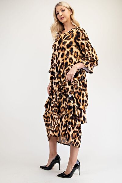 Celeste Full Size Leopard Asymmetrical Ruffle Midi Dress - Drazelle Store