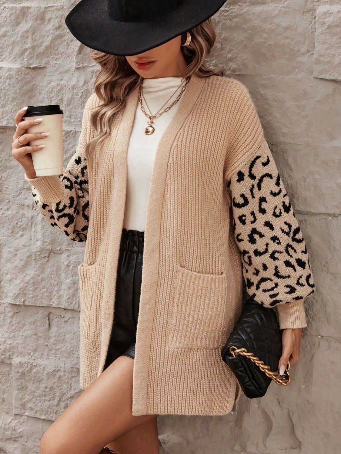 Pocketed Leopard Open Front Cardigan - Drazelle Store